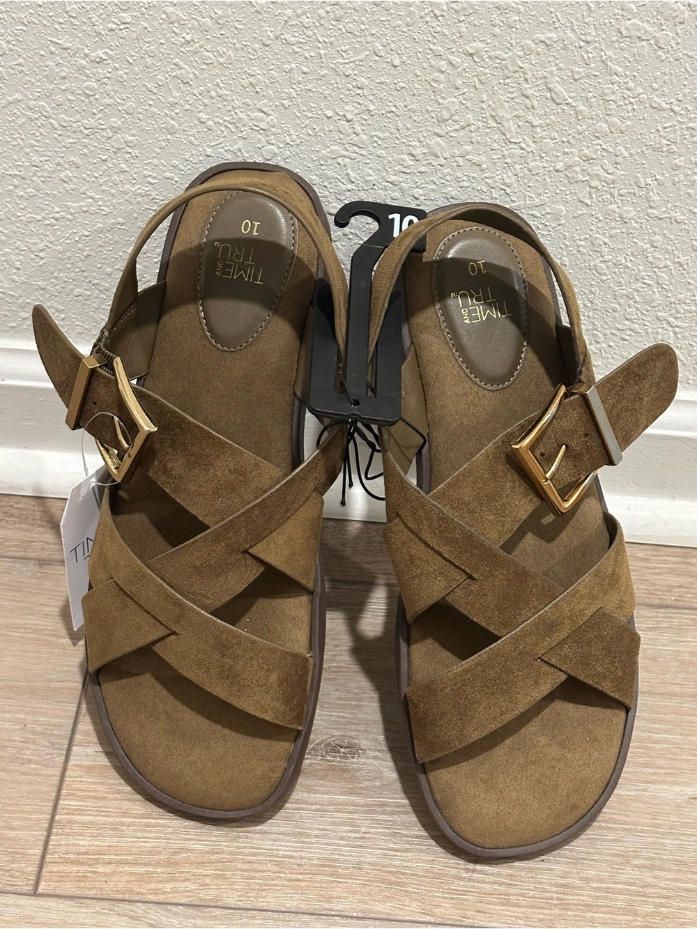 Time and Tru Tan Suede Crisscross Buckle Sandals